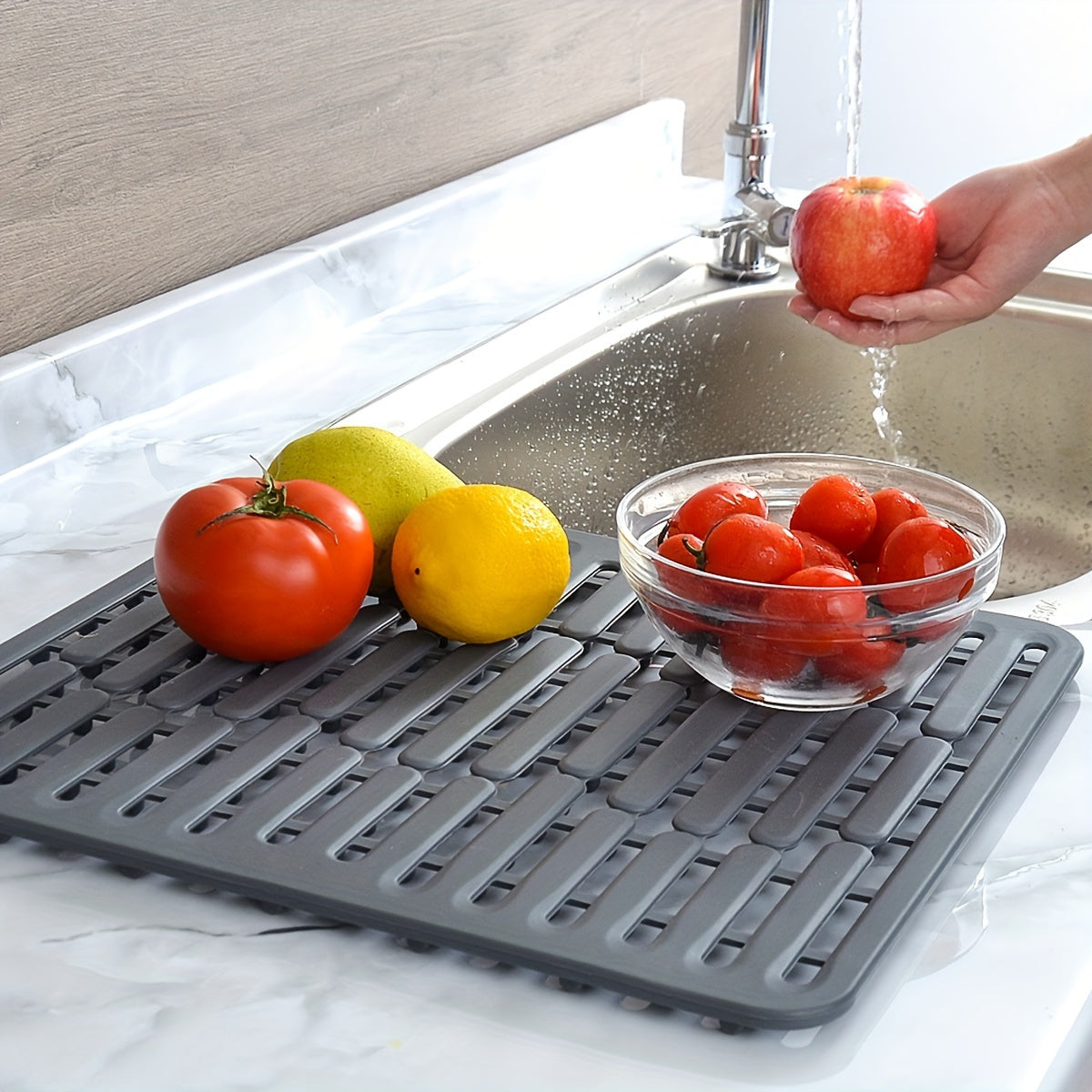 1pc Non-Slip Kitchen Sink Protector Mat - Heavy-Duty Silicone Sink Drain Pad, Scratchproof Basin Liner, Customizable Drainage Mat & Drying Mat for Dishwashing, Rinsing Vegetables, Easy-Clean Sink Guard, Kitchen Sink Mat, Coarse Texture Design